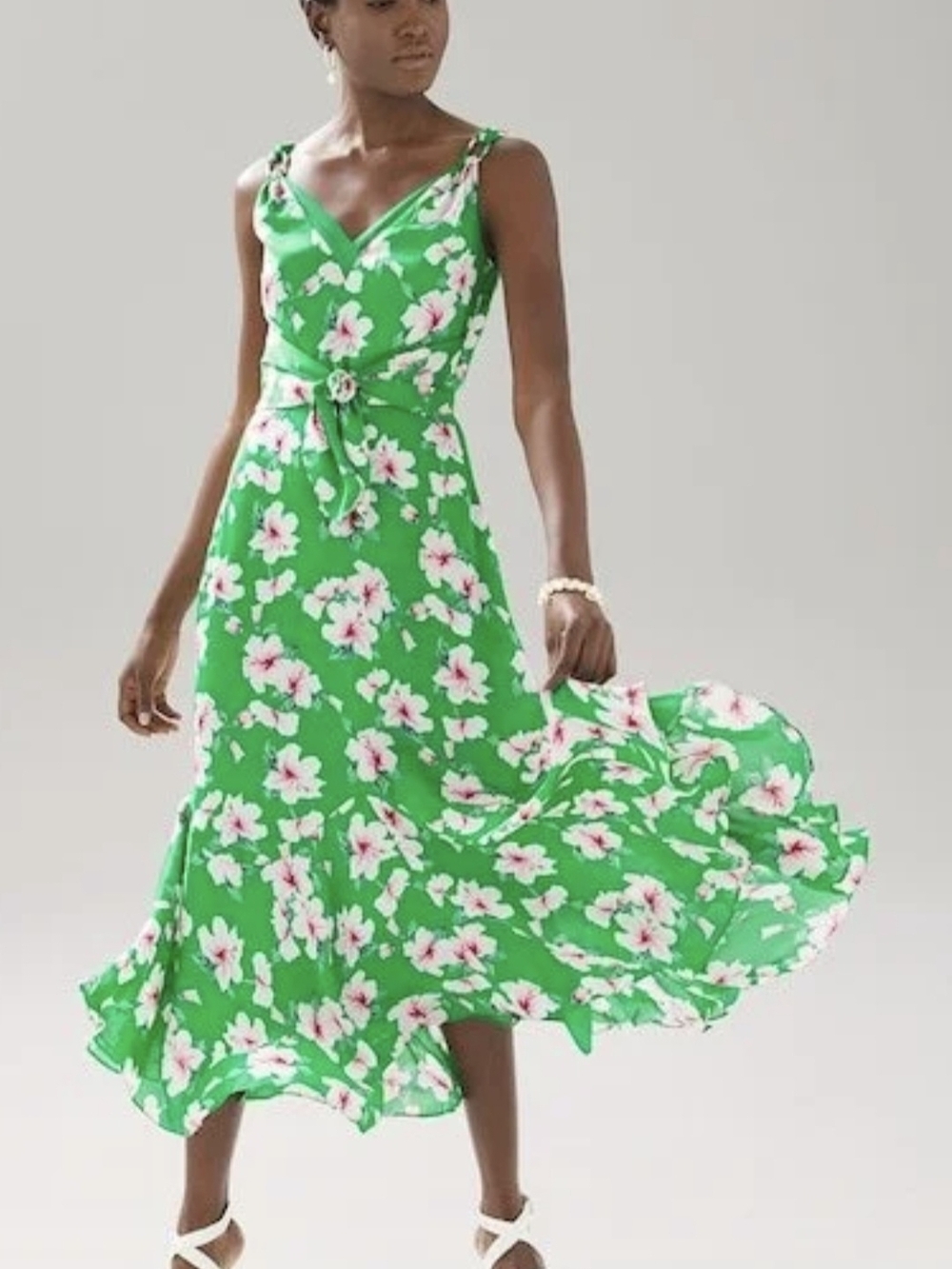 White House Black Market Green Floral Tie-Waist Midi Dress